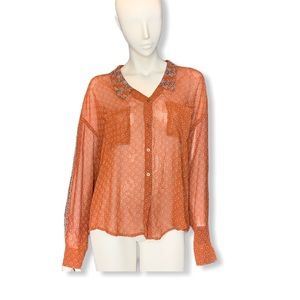 Free People Sheer Blouse w/ contrast collar sleeve